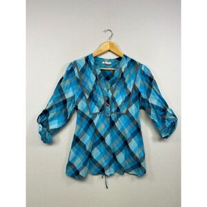 Lilly Lou Boho Coastal Womens Large Blue Plaid 3/4 Roll Tab Sleeve Blouse